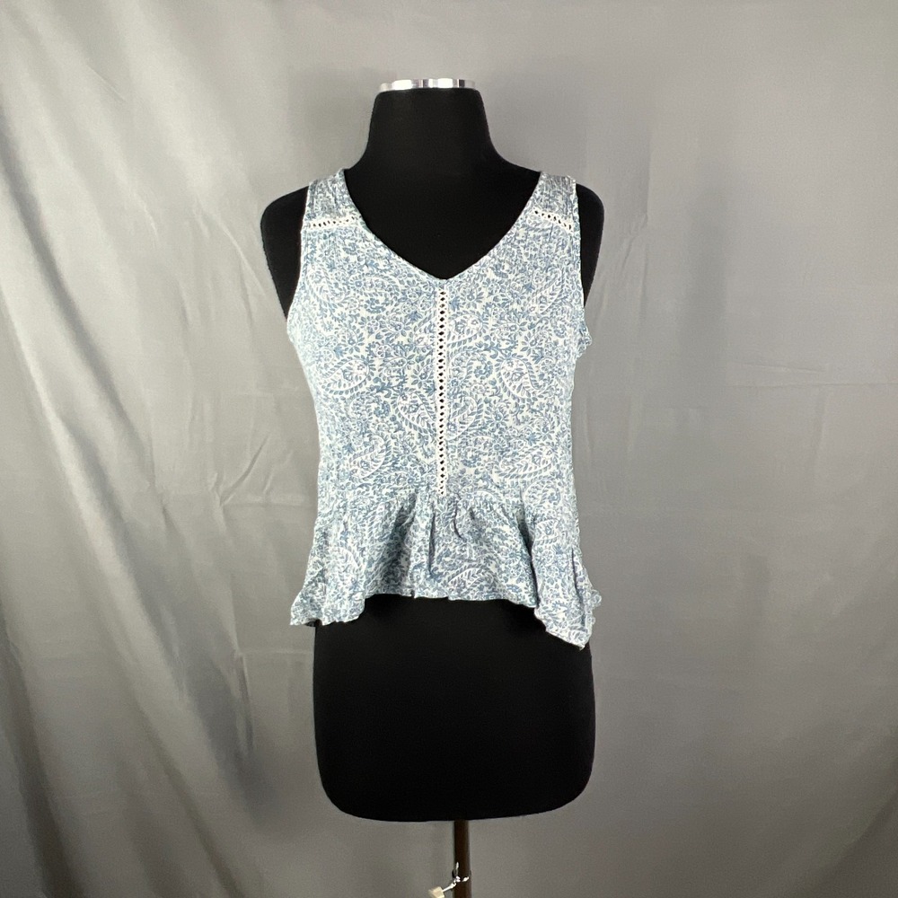 Patrons Of Peace Peplum Top Womens XS Blue White Paisley Ladder Lace Sleeveless